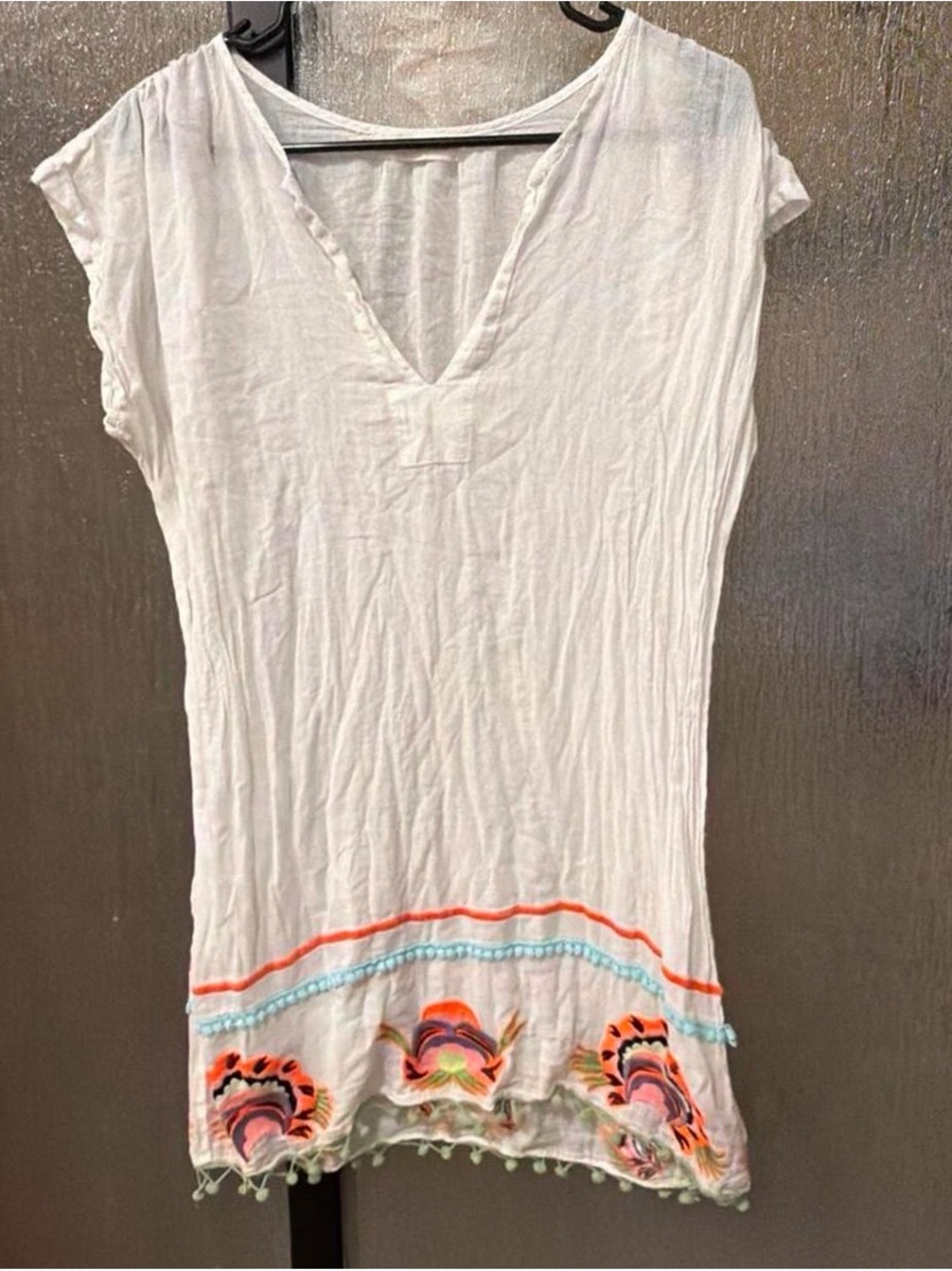 lovestitch White V-Neck Swim Coverup with Orange & Aqua Embroidery